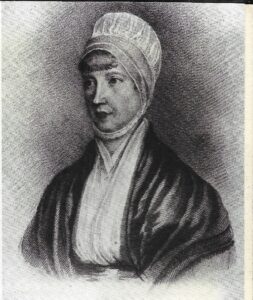 Portrait of Elizabeth Fry, showing head and shoulders with the face looking towards the left hand side of the picture.